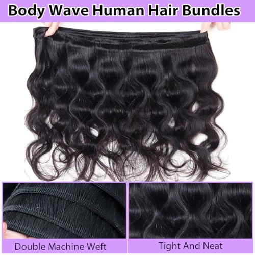 Human Hair Bundles Body Wave 12A Unprocessed Brazilian Virgin Weave 3 Bundles 18 20 22 Inch Real Human Hair Quick Weave Sew in Hair Double Weft Full and Thick Natural Black Wavy Hair for Women