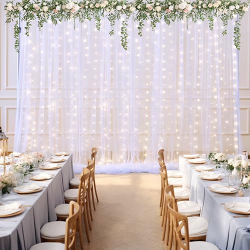 10x10ft White Tulle Backdrop Curtain with Lights String for Parties Wedding Twinkle Sheer Backdrop Curtains for Bridal Sho...