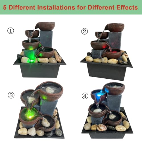 Small Indoor Relaxation Tabletop Fountain, Zen Meditation Waterfall Feature with Color LED Light & Natural Rocks, 4 Level ...