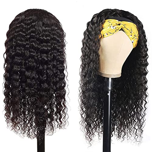 Rebasar Curly Headband Wig Human Hair Wigs for Black Women Human Hair 22 Inch Long No Lace Front Wigs Human Hair Glueless Deep Wave Headband Wigs Natural Black Color Half Wig with Headband