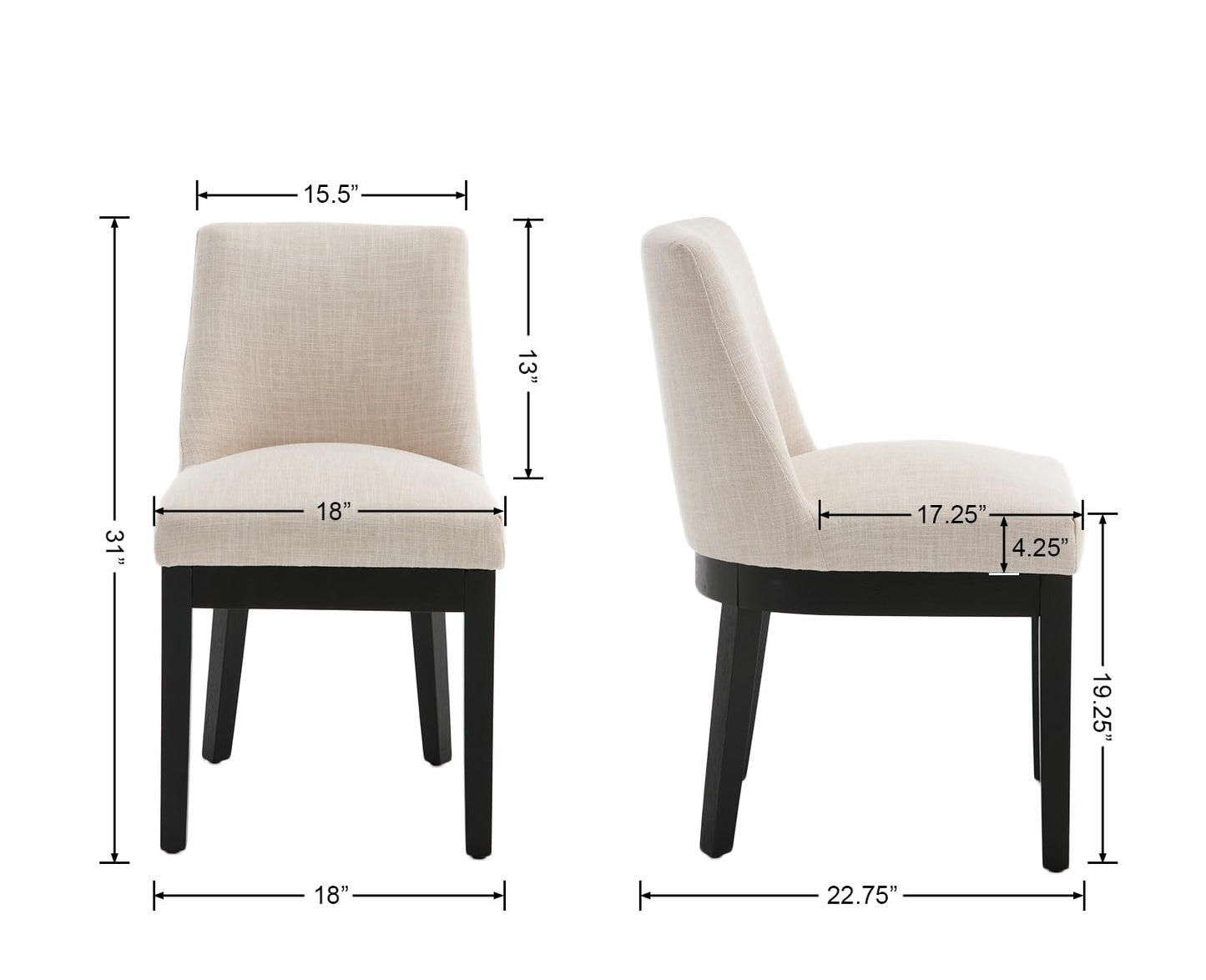 BESTANO Modern Dining Chairs with Black Wood Legs Set of 2, Linen Fabric Upholstered Dining Room Chairs Kitchen Side Chairs with Back, Beige