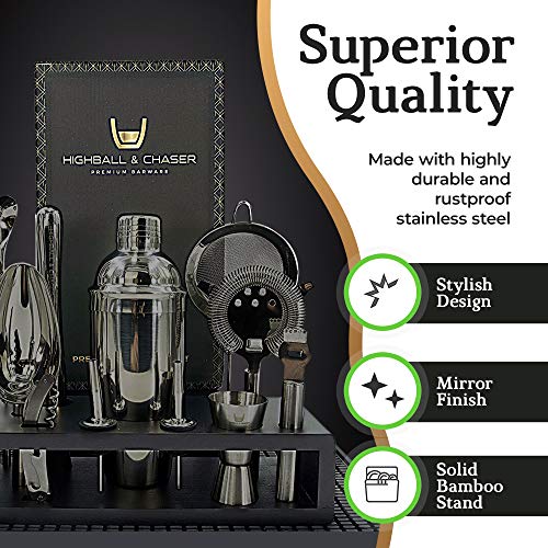 Highball & Chaser 13-Piece Cobbler Cocktail Shaker Set: Black Polished Stainless Steel Bartender Kit for Home Bar Set | La...