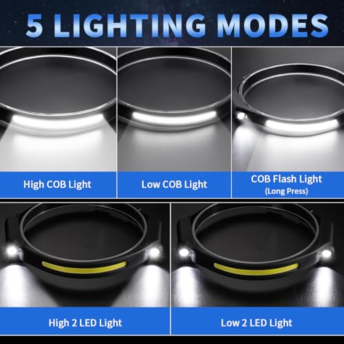 Headlamp Rechargeable 5Pack, 230° Wide Beam Head Lamp with 2 Spotlights, LED Headlamp with Motion Sensor, 5Mode Rechargeab...