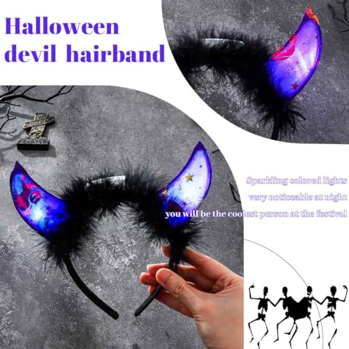 Gangel Light Up Halloween Headbands LED Devil Horns Headband Glittering Cow Horn Headpiece Festive Hair Accessories for Women