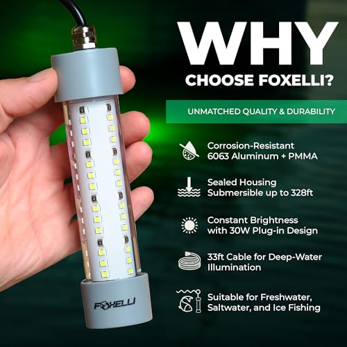 Foxelli Underwater Fishing Light – 3900-Lumen DC12V 30W Submersible IP68 Waterproof Green Fishing Light Attractant with 33...