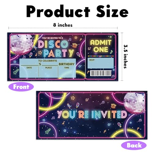ZARYFANCHY Disco Birthday Party Invitations, Neon Dance Party Invites VIP Tickets, 20 Count Invite Cards With Envelopes, B...