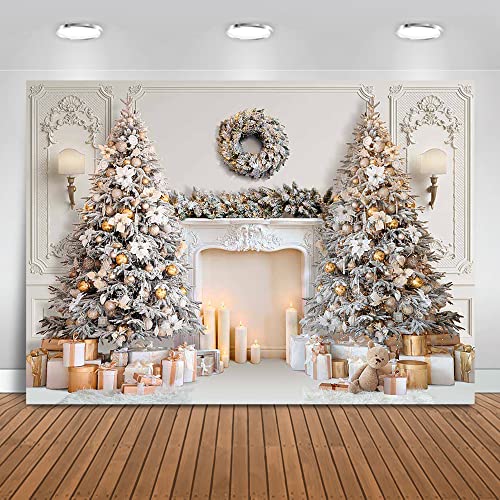 Mocsicka Classic Christmas Interior Room Photography Backdrop White Christmas Fireplace Photo Background Decorated Xmas Tr...