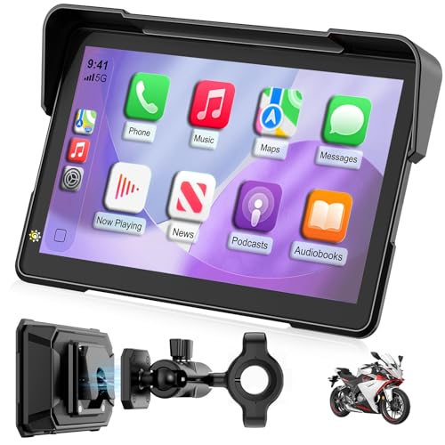 YCV 7" Wireless Motorcycle CarPlay with Android Auto, HD Waterproof GPS Navigation System Touchscreen, Anti-Theft Design Q...
