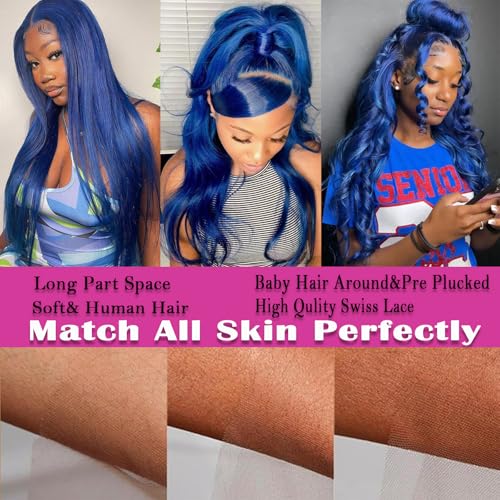 Dark Blue Lace Front Wigs Human Hair 13x6 Body Wave Lace Front Wig Colored Glueless Royal Blue Wigs Human Hair Pre Plucked with Baby Hair 200% Density 22 Inch
