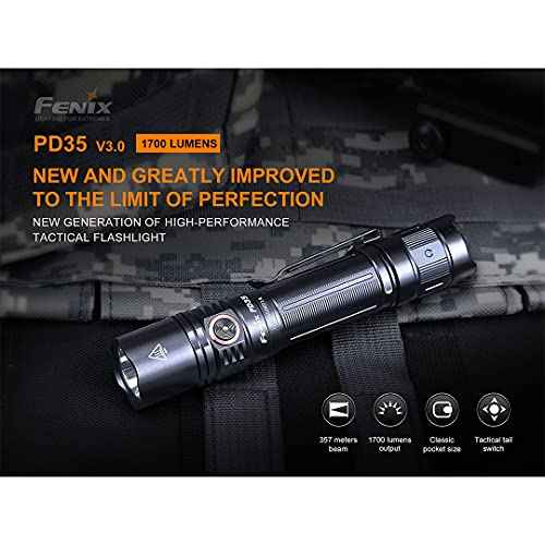Fenix PD35 v3.0 Rechargeable Tactical Flashlight, 1700 Lumens EDC with Battery and Organizer (Black)