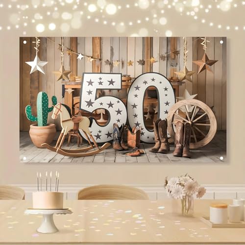 MOXDBT 50th Birthday Western Cowboy Backdrop Banner - Rustic Wild West Theme Polyester Photo Background for Party Decor, 7...