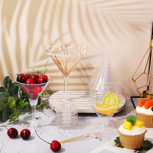 JarThenaAMCS 80 Pack 5Oz Plastic Martini Glasses With Pearl Cocktail Pick Disposable Mini Goblet Clear Cocktail Wine Glass...