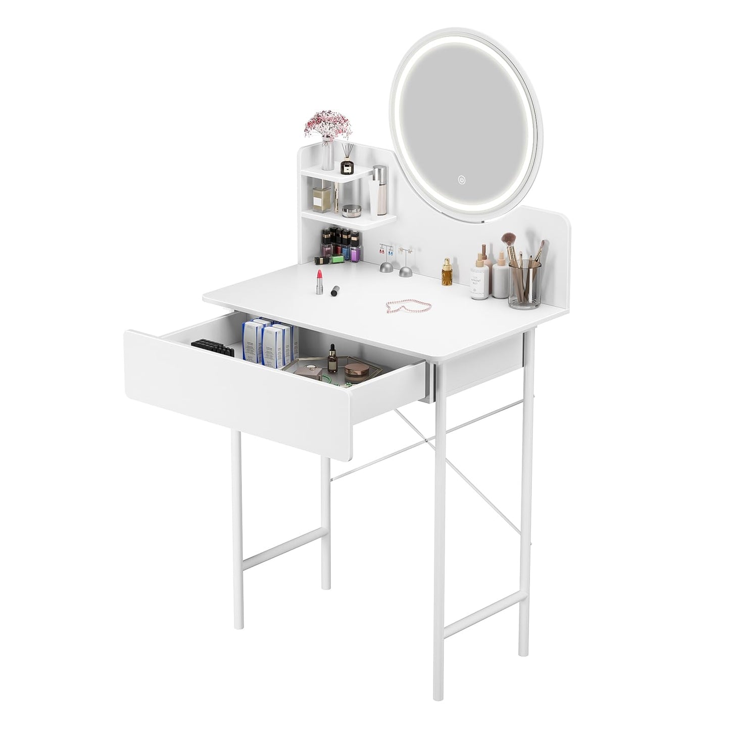TOLUON Vanity Desk with Mirror & Light - Modern Vanity Table with 1 Drawers, 2 Open Shelves, 3 Adjustable Brightness Levels, White Bedroom Dressing Table White
