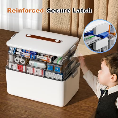 funest 4-Tier Medicine Storage Box Cabinet, Empty First Aid Kit Portable Medical Supply Organizer with Leather Handle for ...