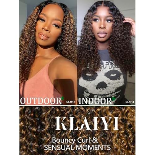 KLAIYI Ombre Brown Curly V Part Human Hair Upgrade U Part Wig with Dark Roots Glueless Highlight Balayage Clip in Half Wig No Glue No Lace No Leave Out 3S Ready to Wear and Go Beginner Friendly 14Inch