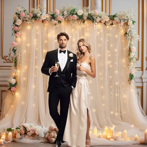 10x10ft Champagne Tulle Backdrop Curtain with Lights String for Parites, Sheer Backdrop Curtains for Wedding Baby Shower B...