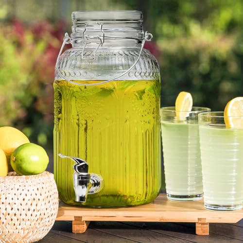 Kingrol 1 Gallon Glass Drink Dispenser with Lid and Spigot - Wide Mouth, Leak Proof Juice Pitcher- Vintage Beverage Dispen...