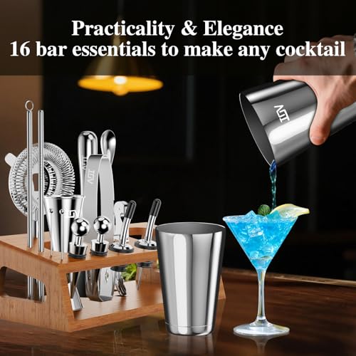 IOV Mixology Bartender Kit Bar Set with Stand | 17-Piece Cocktail Shaker Set | 28oz Boston Shaker Drink Mixer Set with All...