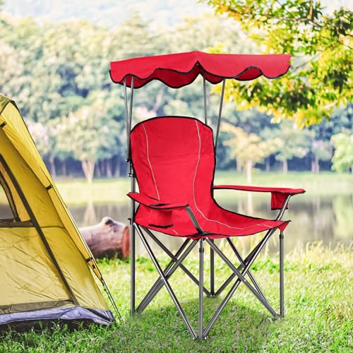 WATERJOY 24 Inches Portable Camping Chairs with Cup Holder, Folding Beach Chair with Shade Canopy