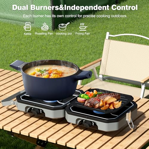 Camping Stove Portable Propane Camp Stove with Independently Adjustable Heat & 2 Burners, Foldable Gas Stove with Carry Ba...