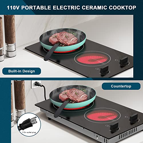 Karinear 110v Electric Cooktop 2 Burners, 12'' Electric Stove Top with Plug in, Knob Control Countertop & Built-in Ceramic...