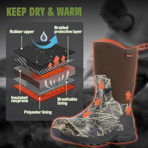 Showave Men's Rain Boots Excursion Rubber Boot Calf High Waterproof Insulated Mud Boots Outdoor Footwear for Trekking Gard...