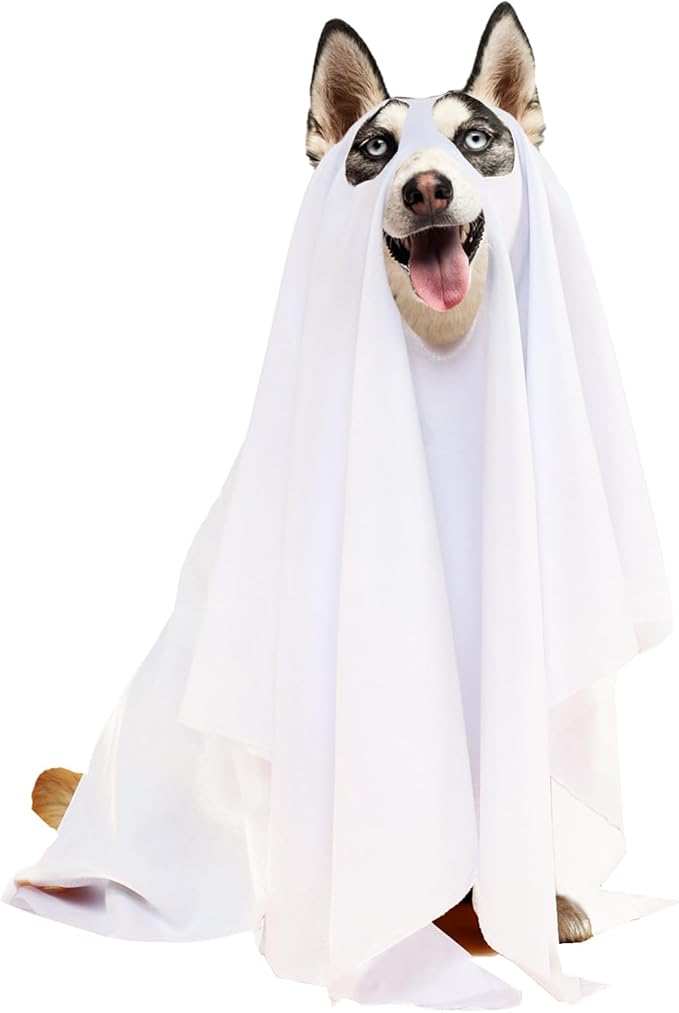 Ahzemepinyo Halloween Ghost Dog Costume - White Ghost Costume for Dogs & Cats with Opened Ear - Large