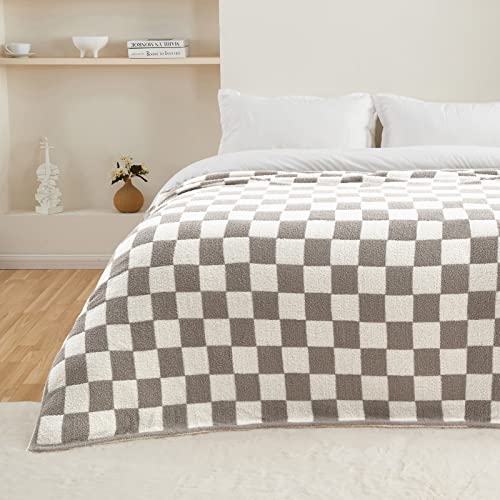 CozeCube Super Soft Fullfy Microfiber Reversible Knitted Blankets, Warm Cozy Fuzzy Plush Throw, Grey and White Checkered T...