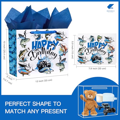 WRAPAHOLIC 13" Adventure Fishing Birthday Gift Bag with Card and Tissue Paper - Navy Blue Fish and Angler Design Paper Bag...