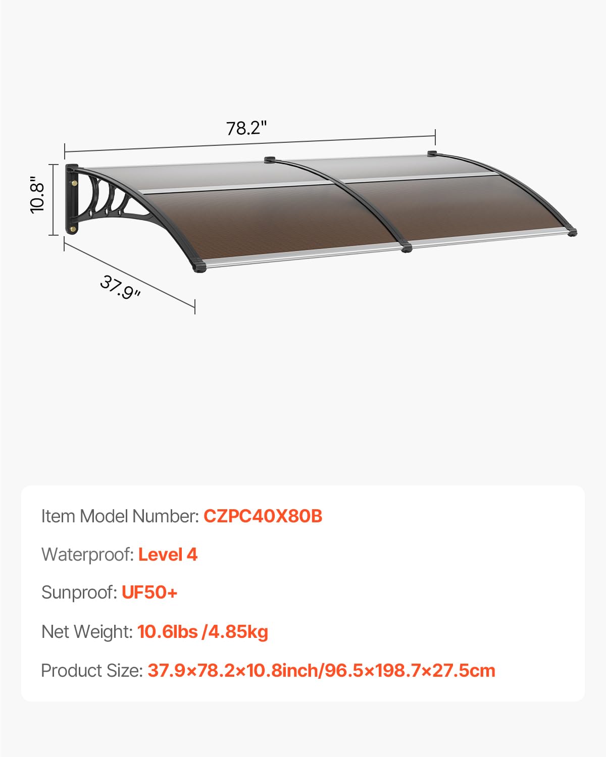 VEVOR Window Door Awning Canopy 78" x 38", UPF 50+ Polycarbonate Entry Door Outdoor Window Awning Exterior, Front Door Overhang Awning for Sun Shutter, UV, Rain, Snow Protection, Hollow Sheet