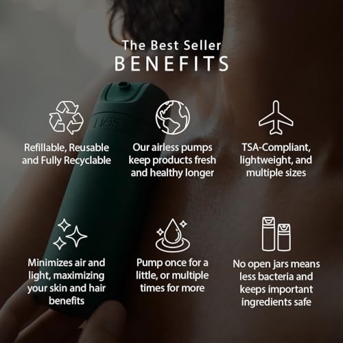Refillable Toiletry Travel Bottles ? Set of 5 (3.4oz & 1.7oz) Airless Pump Containers for Shampoo, Conditioner, Body, Face ? Leak-Proof, TSA-Approved, Dishwasher Safe- Escapade Green with Gift Box
