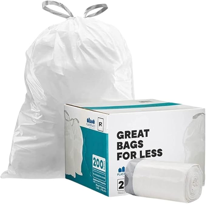 Plasticplace Custom Fit Trash Bags, Compatible with simplehuman Code R (200 Count) White Drawstring Garbage Liners 2.6 Gallon/ 10 Liter 16.5" x 18"