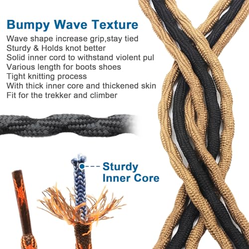 DELELE 2 Pair Round Wave Shape Non Slip Heavy Duty and Durable Outdoor Climbing Shoelaces Hiking Shoe Laces Shoestrings