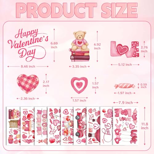 GULWAT 123 PCS Valentines Day Window Clings Decorations, 9 Sheets Red Pink Heart Happy Valentines Window Decals for Home O...