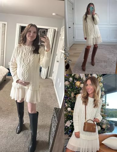 MINSURE Women Cable Knit Sweater Dress Crewneck Long Sleeve Pleated Mini Dress Twofer Style Patchwork Dress