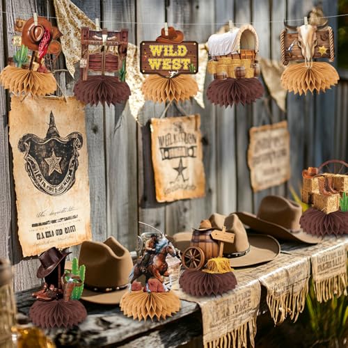 Cowboy Decorations Honeycomb Centepieces, 12Pcs Western Centerpieces for Tables,Wild West Cowboy Centerpieces for Tables, ...