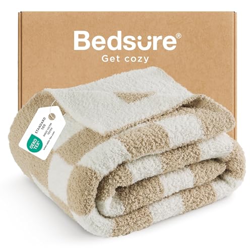Bedsure Throw Blanket for Couch Bed Sofa - Super Soft, Beige, Checkered Throw Blanket, GentleSoft, Fluffy, Cozy, Santa Gif...