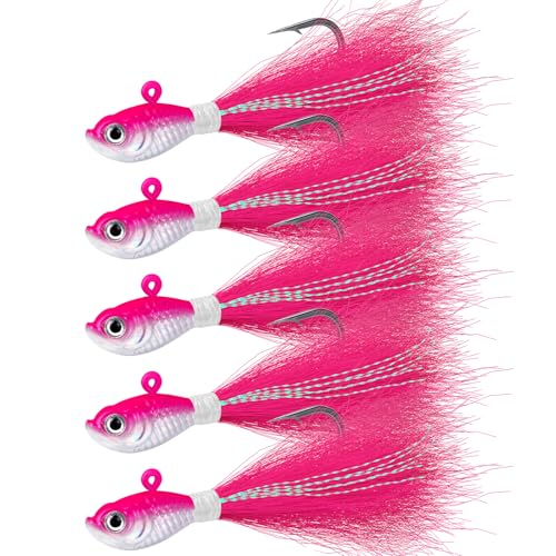 Alwonder 5-Pack Bucktail Jigs Hair Jigs Saltwater Freshwater Fishing Bucktail Lures Surf Fishing Jig Heads White Luminous ...