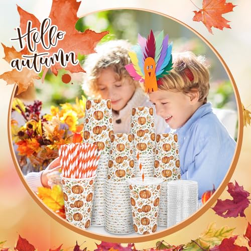 FYSUIMU 50 Set Fall Thanksgiving Disposable Coffee Cup with Lids and Straws 16Oz Rustic Watercolor Pumpkin Floral Paper Dr...