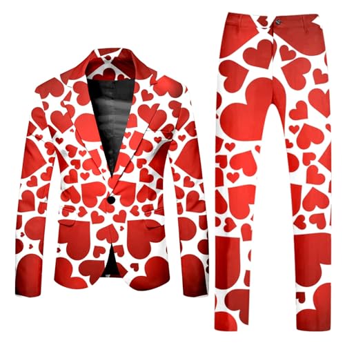 XuttHJH Mens Heart Suit Valentines Day Slim Fit Printed Blazer and Pants Love Costume 2 Piece Outfit for Party and Wedding
