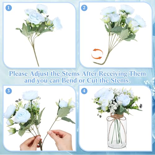 Zeyune 6 Sets Vintage Glass Vases with Artificial Peony Baby's Breath Flower Bouquets Wedding Centerpiece Farmhouse for Va...