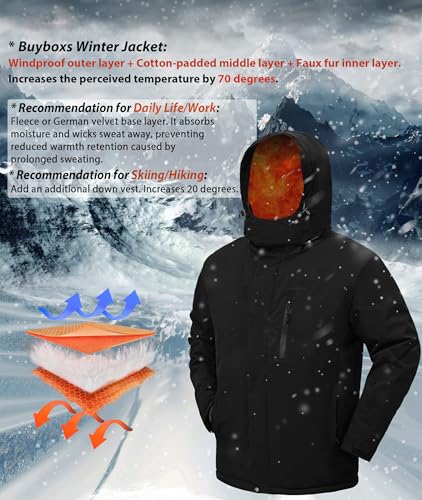 Buyboxs Mens Winter Snow Jacket Waterproof Ski Jackets Snowboard Rain Warm Coat Insulated Hood Fleece Lined