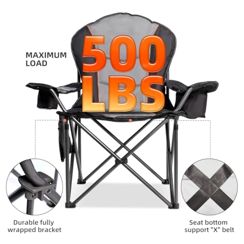 Foristrail Large Camping Chair with Side Table Heavy Duty 500LBS - Folding Outdoor Chair with Cooler Bag (Black & Gray, 1 ...