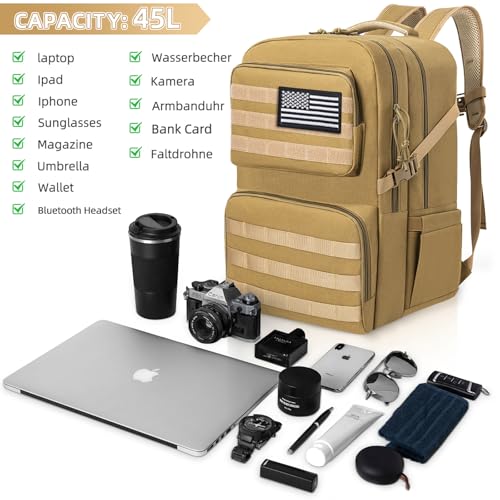 IBVIVIC 45L Tactical Backpack for Men, Water-resistant Military MOLLE Assault Backpack Bag for Hunting Camping Travel (Khaki)
