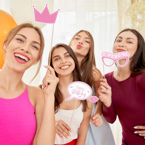 Pink Party Decorations Photo Booth Props Signs,25pcs Pink Birthday Decorations Selfie Props with Sticks for Women Coquette...