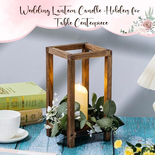 Geelin 12 Set 10.59'' Brown Wooden Lanterns for Centerpieces Include 12 Wooden Lantern 12 LED Candle 12 Eucalyptus Leaves ...