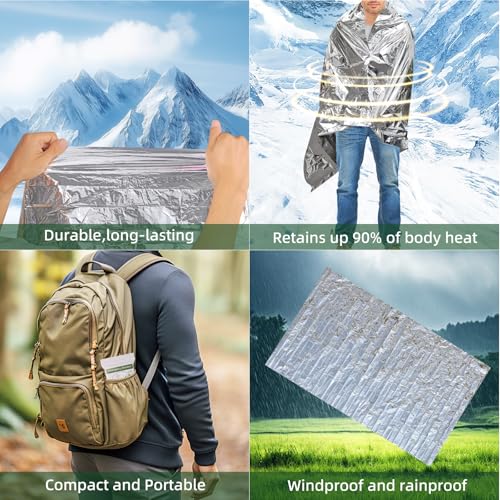 4 Pack Emergency Blanket, Premium Mylar Bankets, Thermal Blanket for Camping, Space Blankets Survival, Foil Blankets for W...