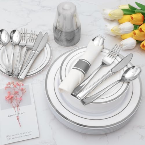 Goodluck 350 Piece Silver Plastic Dinnerware Set for 50 Guests, Fancy Disposable Plates for Party, Include: 50 Dinner Plat...