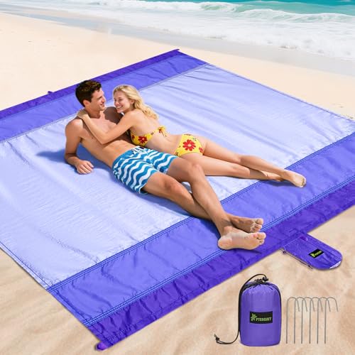 PTEROMY Beach Blanket Waterproof Sandproof, 84" X 84"Extra Large Beach Mat with Storage Bag, Quick Drying Lightweight, 6 S...