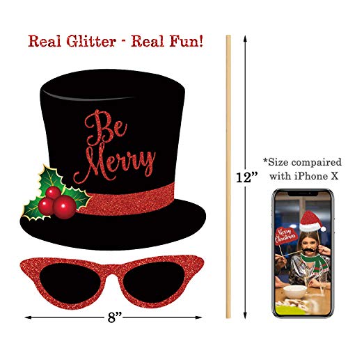 Glitter Christmas Photo Booth Props Kit - 25 Count Large Photography Party Decorations Gifts, Fun Santa Elfie Selfie Posin...